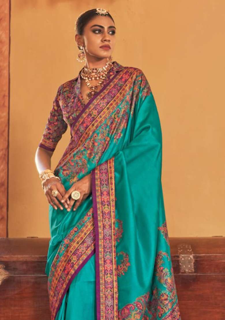 Sky Blue Embroidered Silk Blend Saree Set - Indya